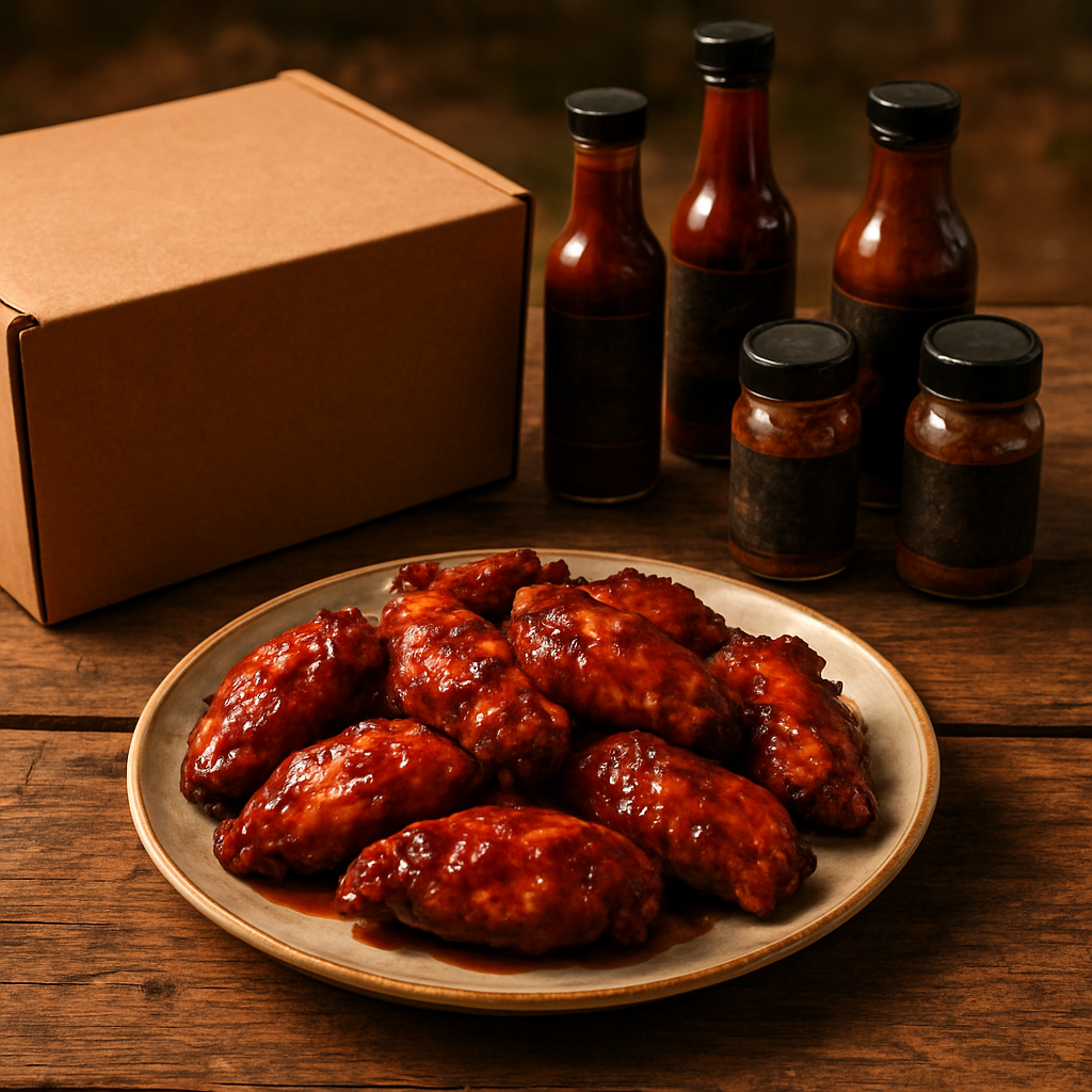 BBQ wings, sauces and a kraft subscription box on a wooden table